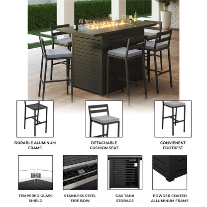 Chelsea 7-Piece Patio Bar Set: Aluminum Fire Pit Table with Tank Holder & 6 Barstools with Cushions - Elax Furniture