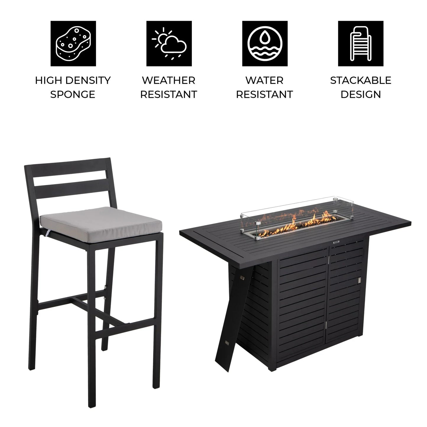Chelsea 7-Piece Patio Bar Set: Aluminum Fire Pit Table with Tank Holder & 6 Barstools with Cushions - Elax Furniture