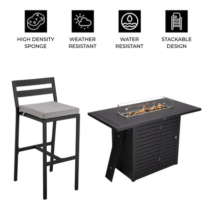 Chelsea 7-Piece Patio Bar Set: Aluminum Fire Pit Table with Tank Holder & 6 Barstools with Cushions - Elax Furniture
