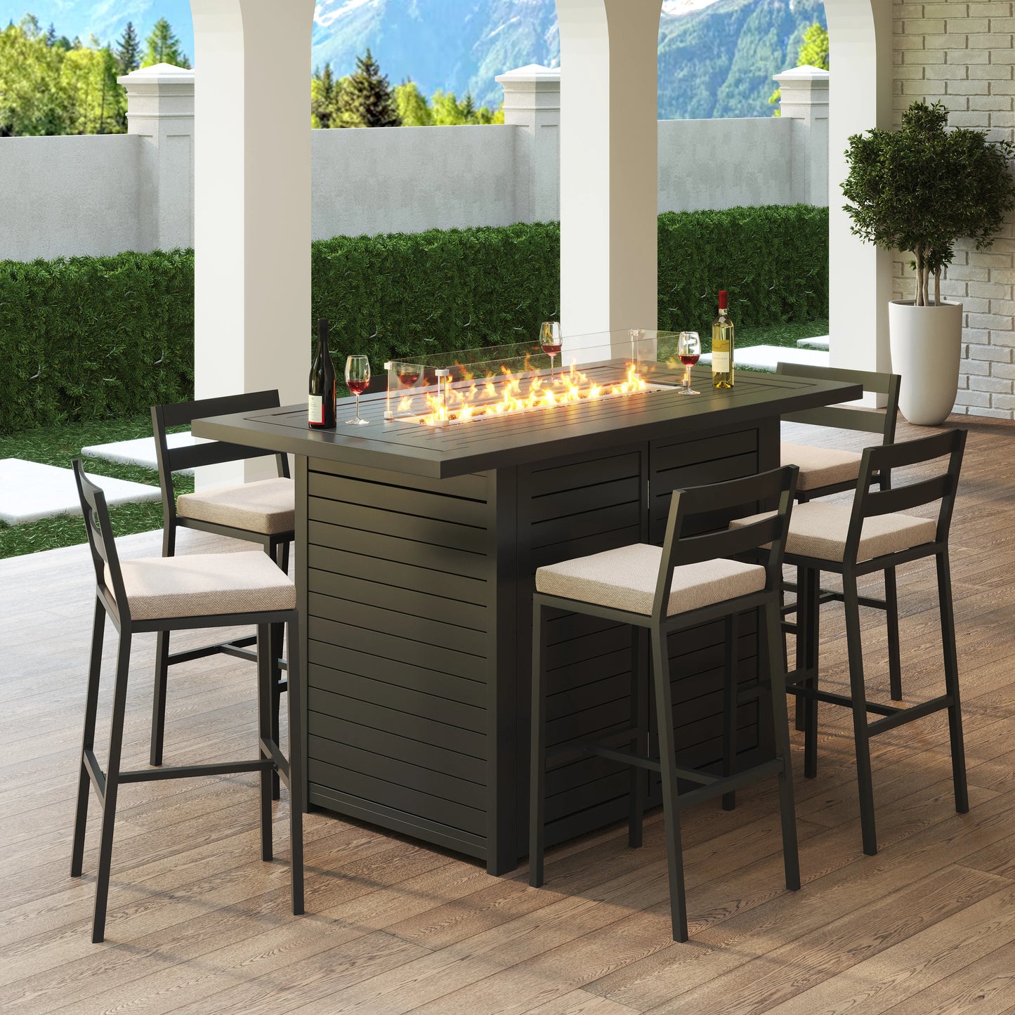 Chelsea 7-Piece Patio Bar Set: Aluminum Fire Pit Table with Tank Holder & 6 Barstools with Cushions - Elax Furniture