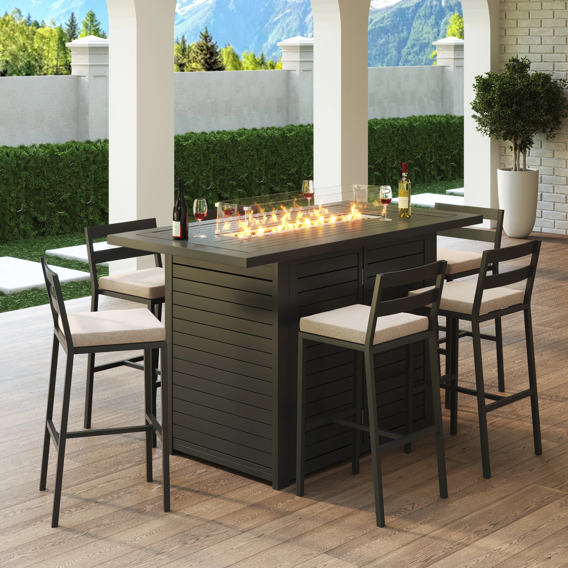 Chelsea 7-Piece Patio Bar Set: Aluminum Fire Pit Table with Tank Holder & 6 Barstools with Cushions - Elax Furniture