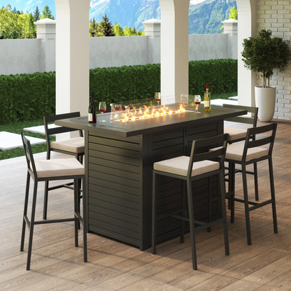 Chelsea 7-Piece Patio Bar Set: Aluminum Fire Pit Table with Tank Holder & 6 Barstools with Cushions - Elax Furniture