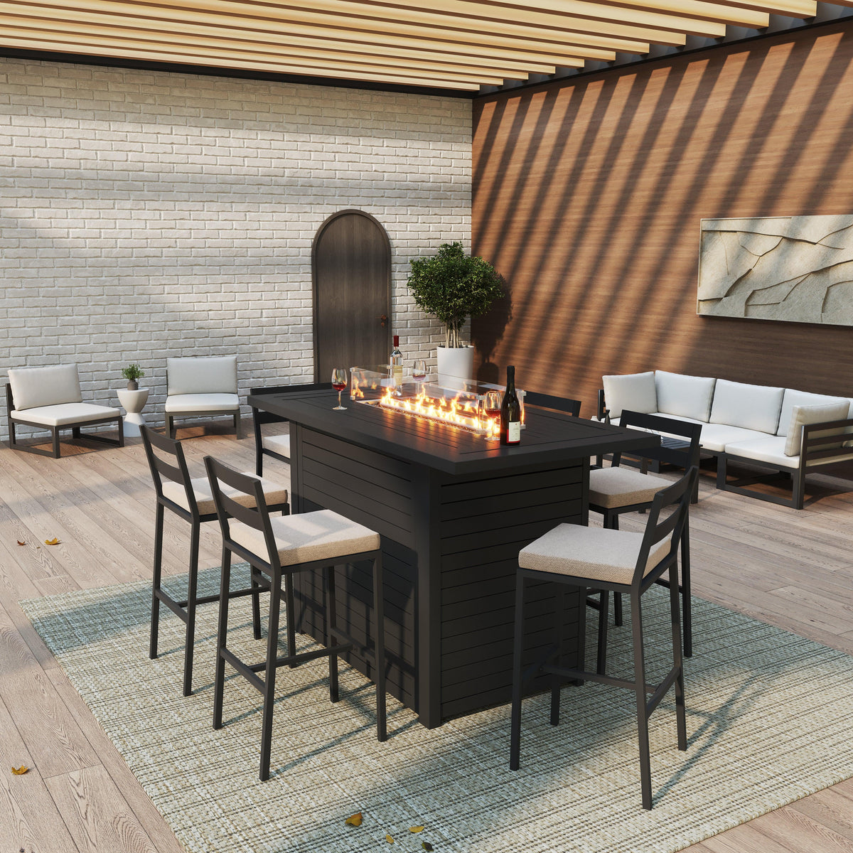 Chelsea 7-Piece Patio Bar Set: Aluminum Fire Pit Table with Tank Holder & 6 Barstools with Cushions - Elax Furniture