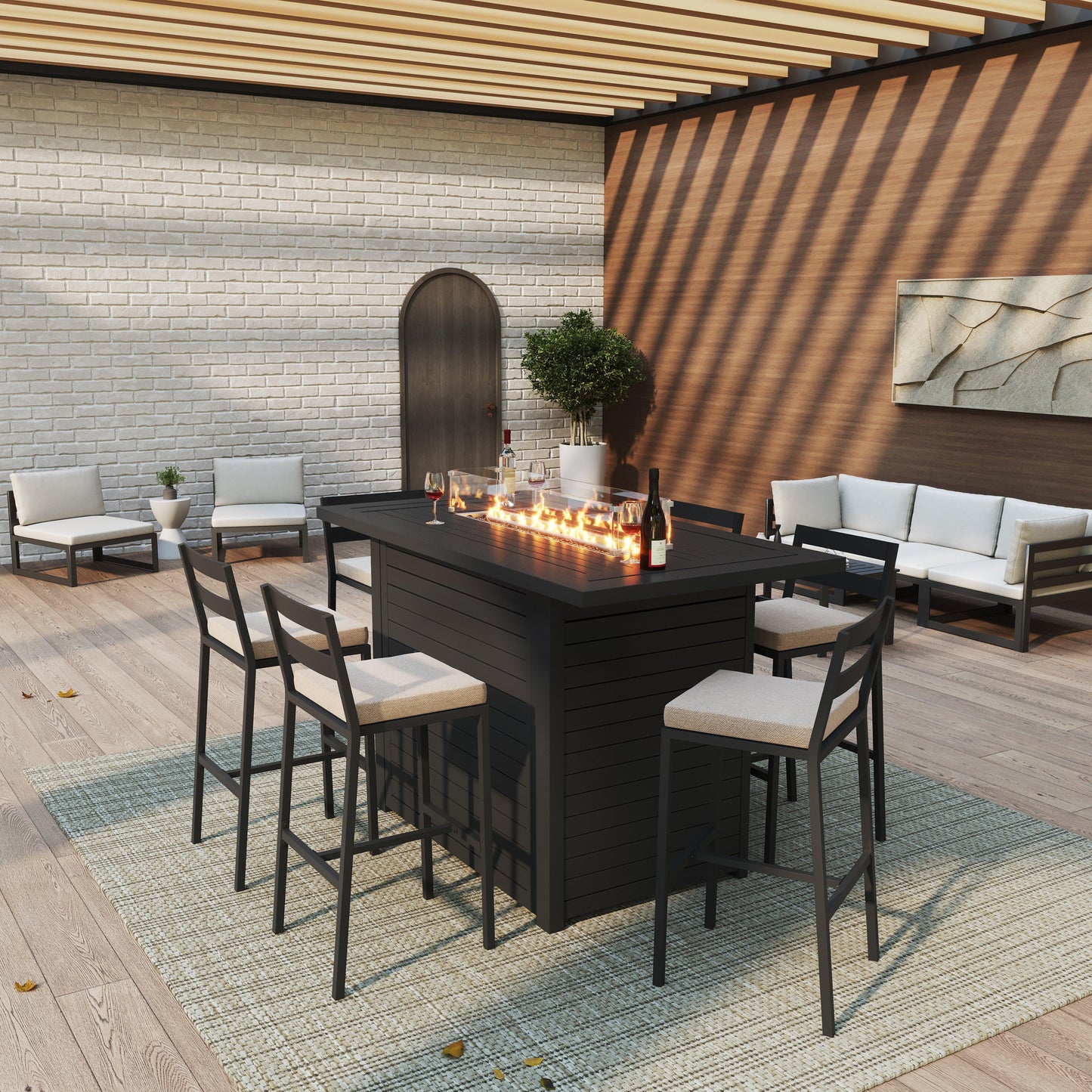 Chelsea 7-Piece Patio Bar Set: Aluminum Fire Pit Table with Tank Holder & 6 Barstools with Cushions - Elax Furniture