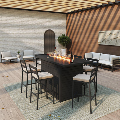 Chelsea 7-Piece Patio Bar Set: Aluminum Fire Pit Table with Tank Holder & 6 Barstools with Cushions - Elax Furniture