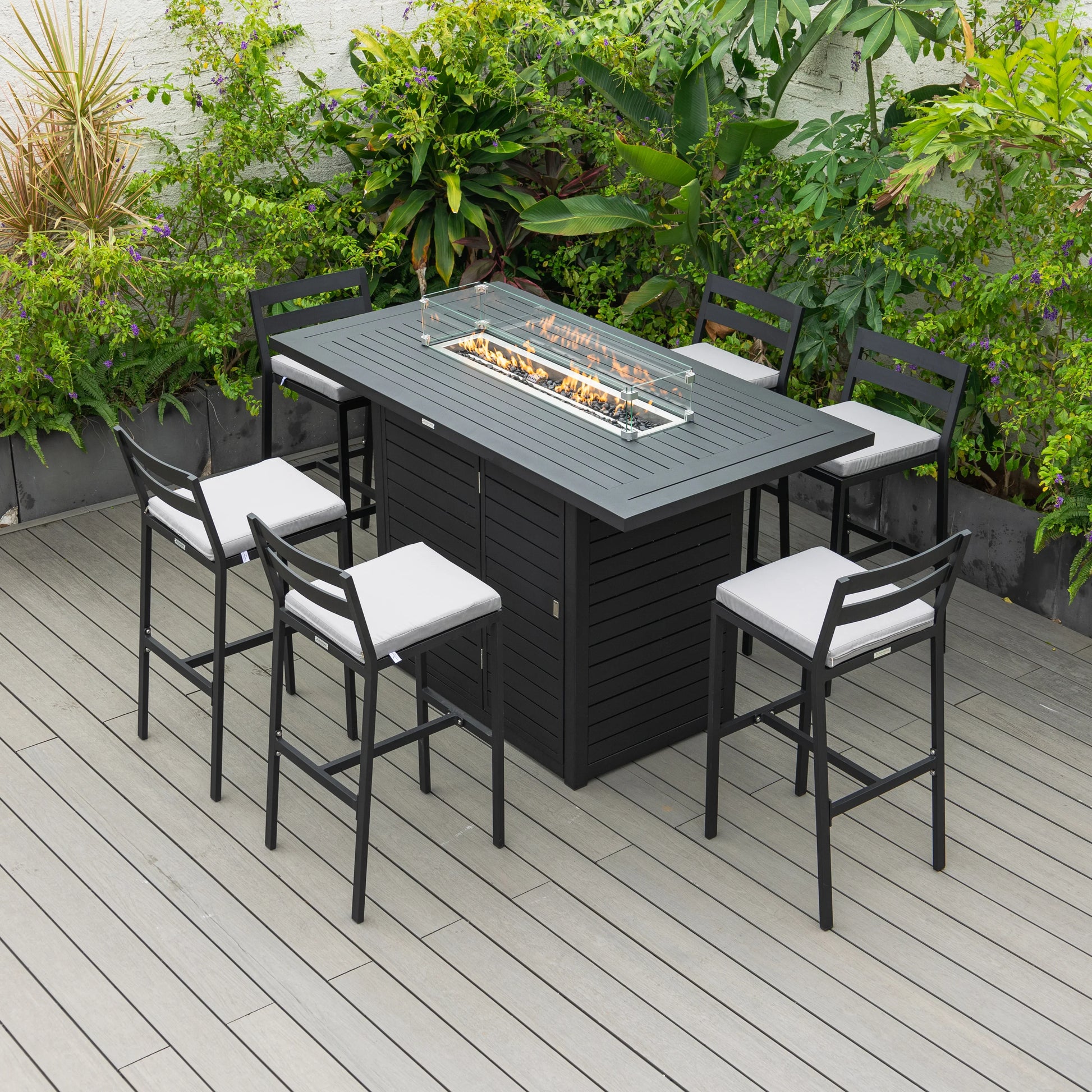 Chelsea 7-Piece Patio Bar Set: Aluminum Fire Pit Table with Tank Holder & 6 Barstools with Cushions - Elax Furniture