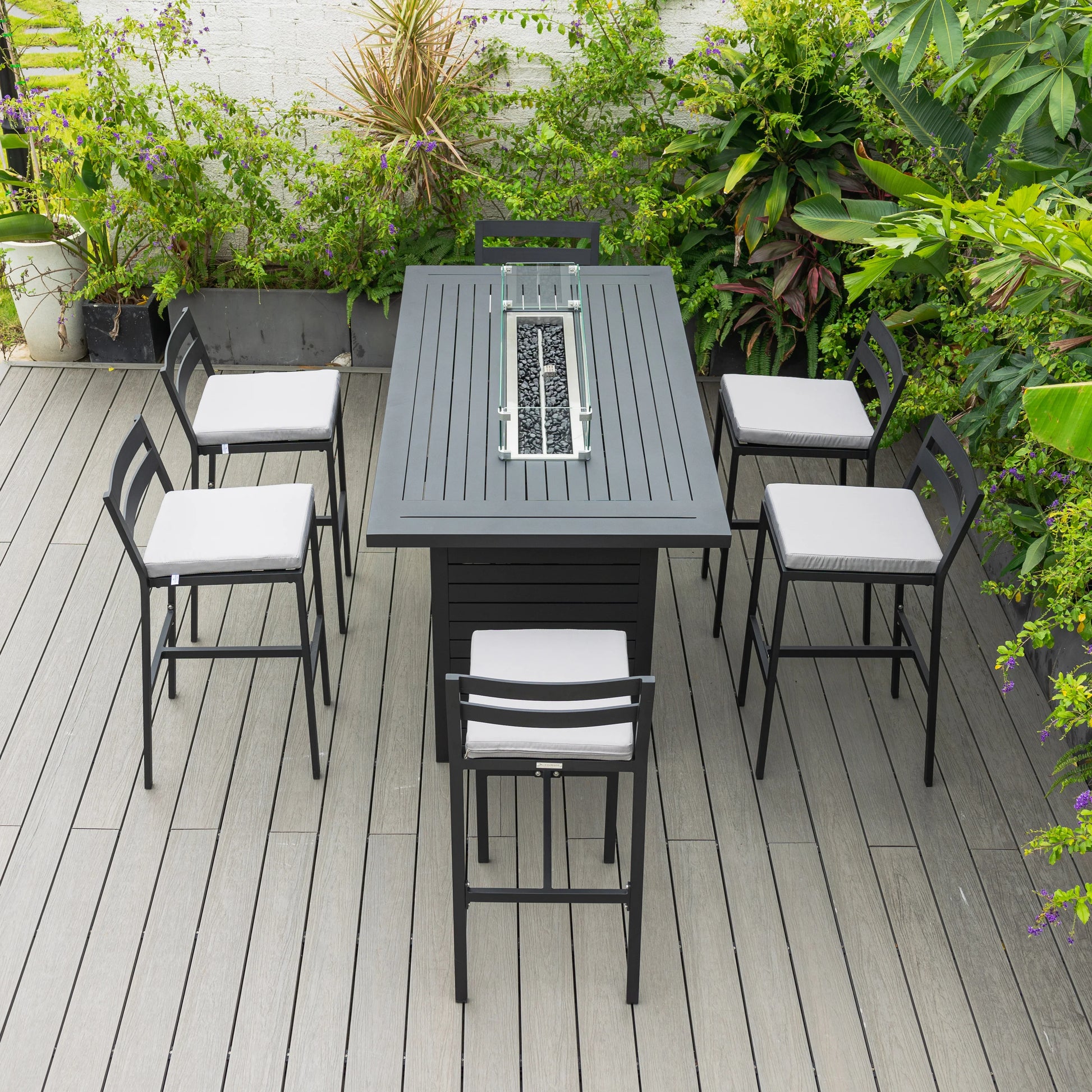 Chelsea 7-Piece Patio Bar Set: Aluminum Fire Pit Table with Tank Holder & 6 Barstools with Cushions - Elax Furniture