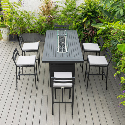 Chelsea 7-Piece Patio Bar Set: Aluminum Fire Pit Table with Tank Holder & 6 Barstools with Cushions - Elax Furniture