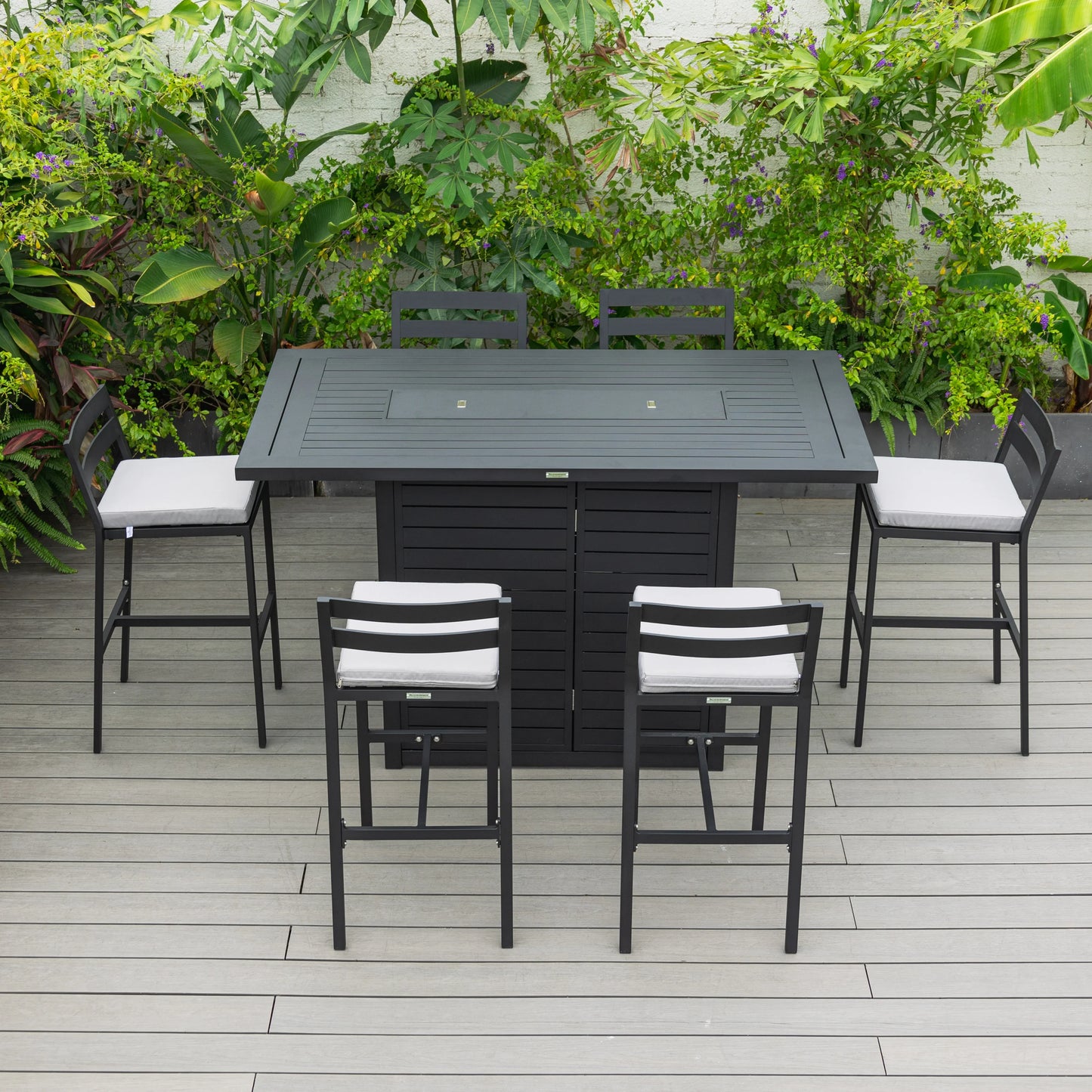 Chelsea 7-Piece Patio Bar Set: Aluminum Fire Pit Table with Tank Holder & 6 Barstools with Cushions - Elax Furniture