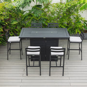Chelsea 7-Piece Patio Bar Set: Aluminum Fire Pit Table with Tank Holder & 6 Barstools with Cushions - Elax Furniture