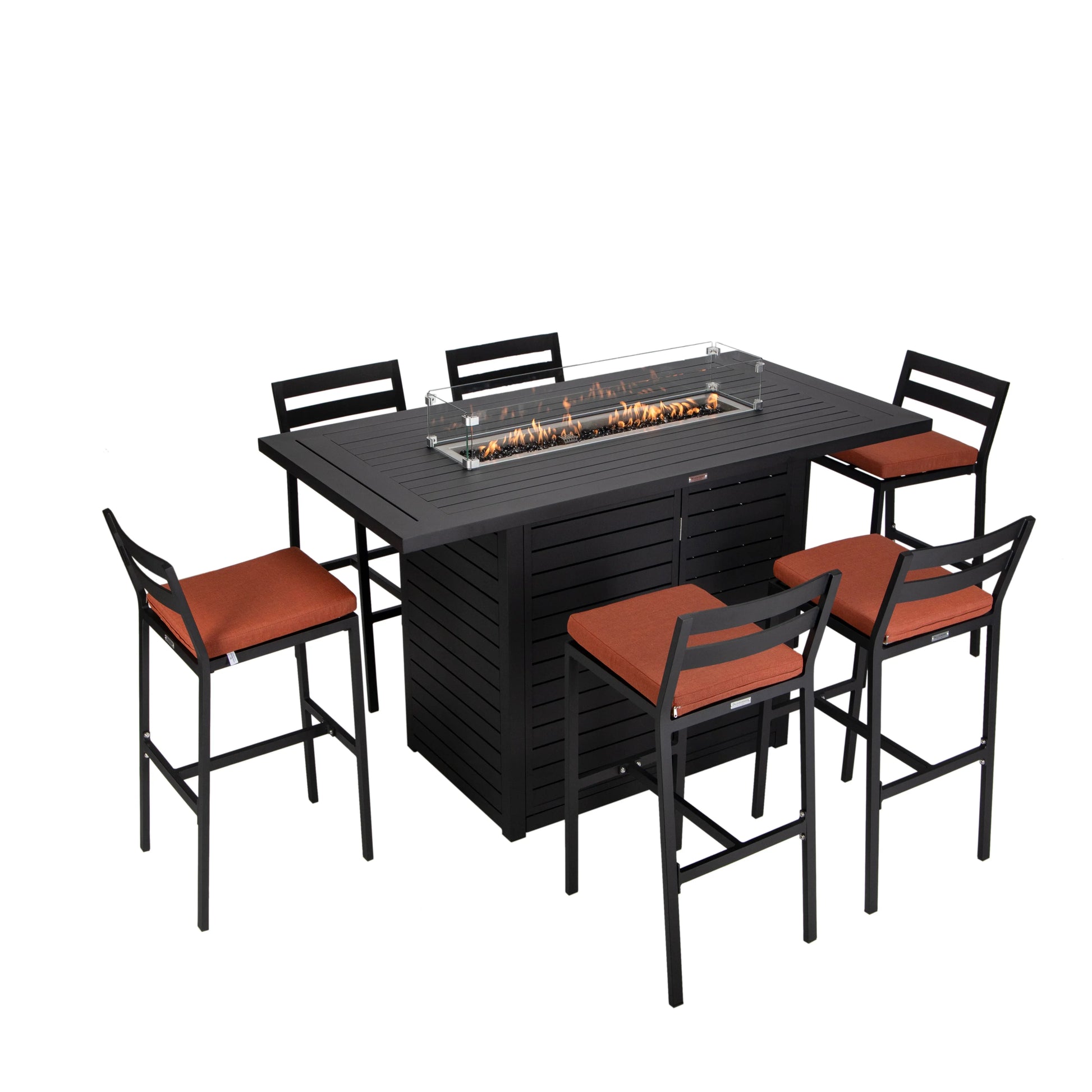 Chelsea 7-Piece Patio Bar Set: Aluminum Fire Pit Table with Tank Holder & 6 Barstools with Cushions - Elax Furniture