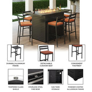 Chelsea 7-Piece Patio Bar Set: Aluminum Fire Pit Table with Tank Holder & 6 Barstools with Cushions - Elax Furniture