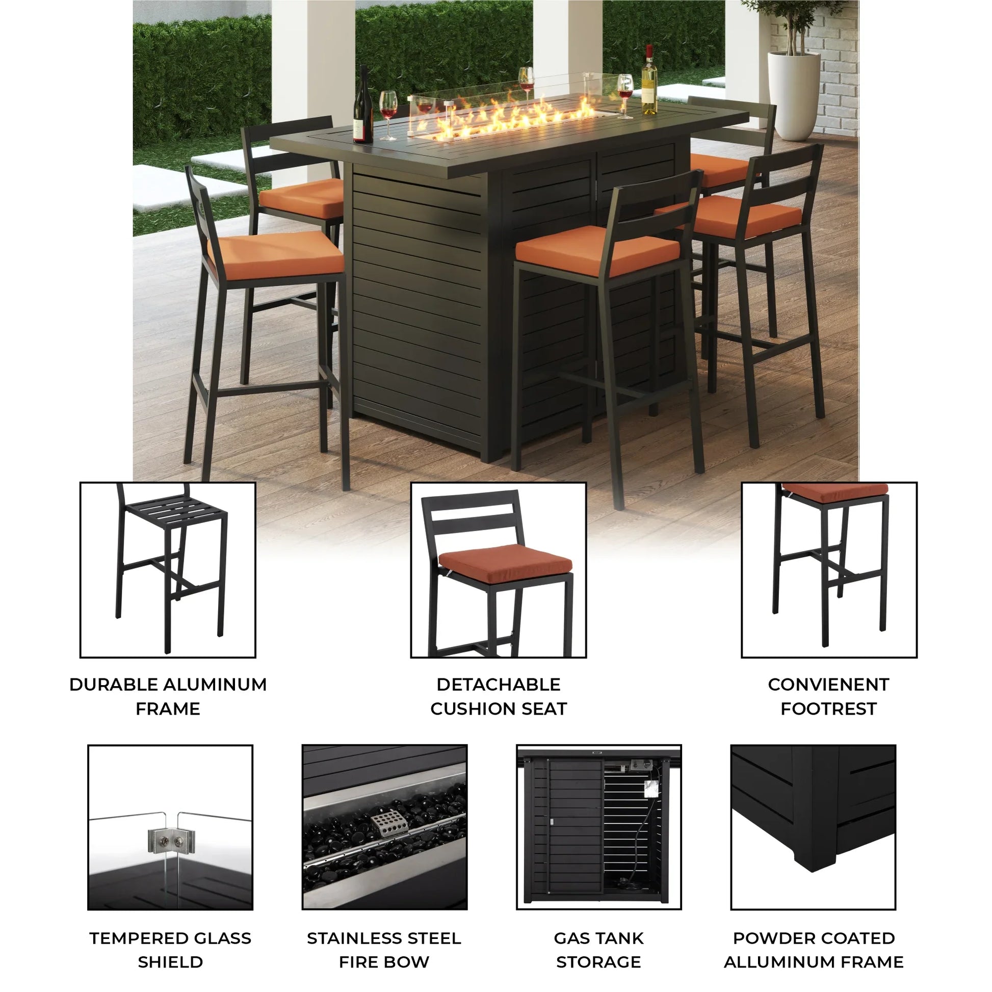Chelsea 7-Piece Patio Bar Set: Aluminum Fire Pit Table with Tank Holder & 6 Barstools with Cushions - Elax Furniture