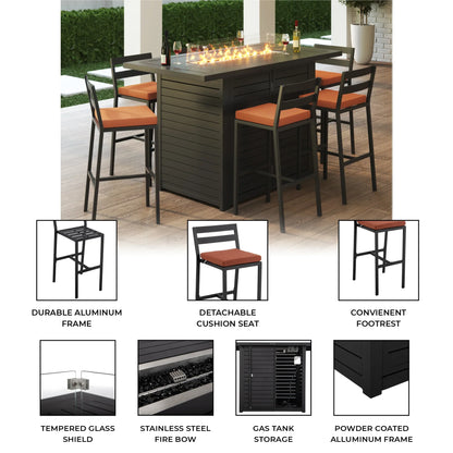 Chelsea 7-Piece Patio Bar Set: Aluminum Fire Pit Table with Tank Holder & 6 Barstools with Cushions - Elax Furniture
