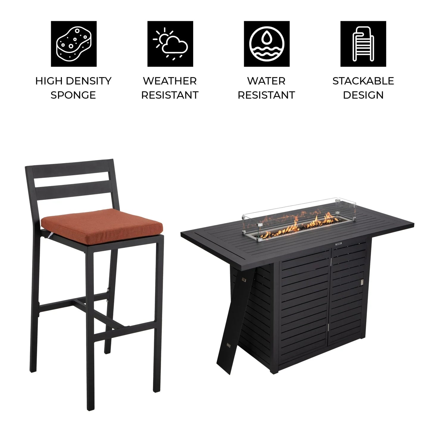 Chelsea 7-Piece Patio Bar Set: Aluminum Fire Pit Table with Tank Holder & 6 Barstools with Cushions - Elax Furniture