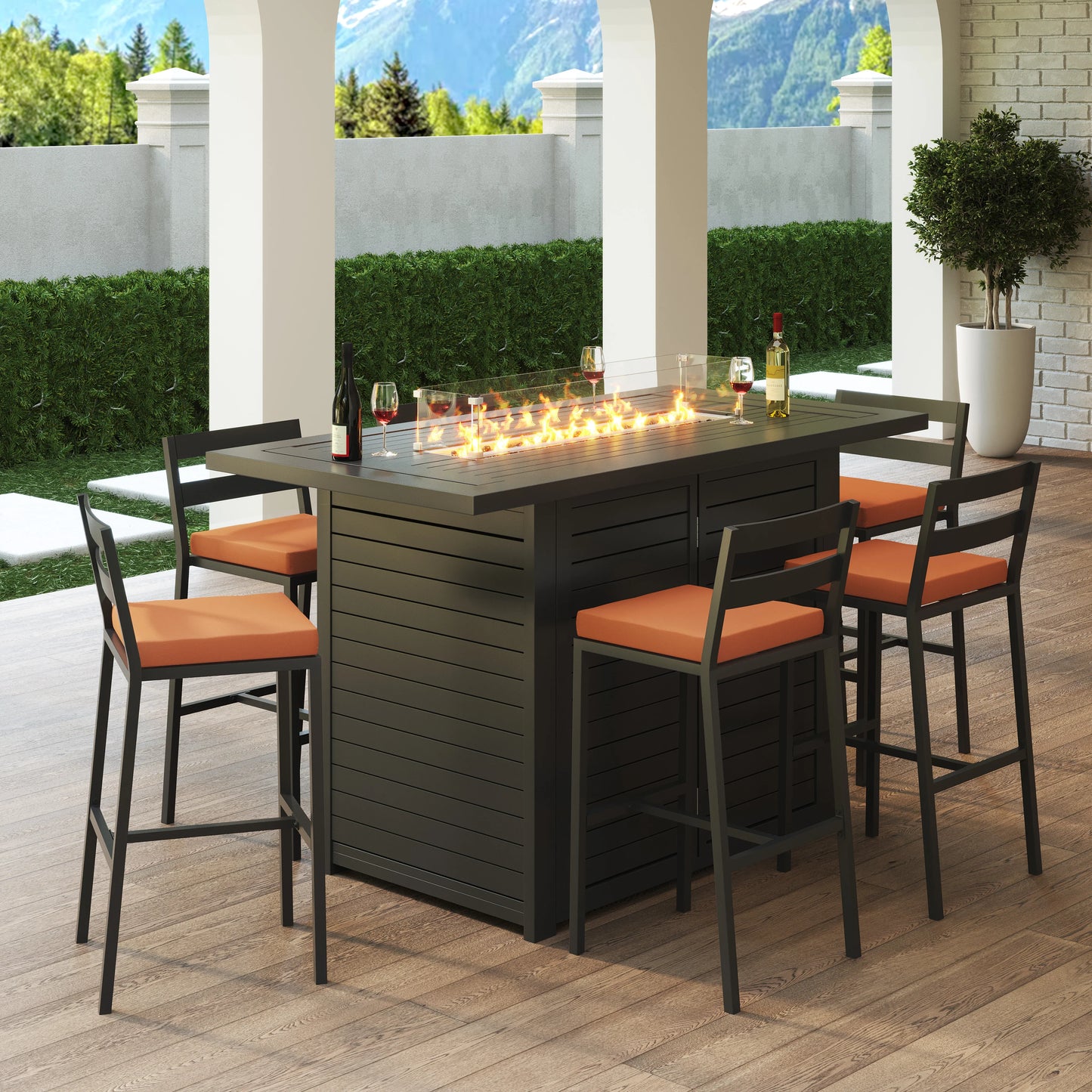 Chelsea 7-Piece Patio Bar Set: Aluminum Fire Pit Table with Tank Holder & 6 Barstools with Cushions - Elax Furniture