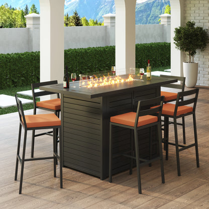 Chelsea 7-Piece Patio Bar Set: Aluminum Fire Pit Table with Tank Holder & 6 Barstools with Cushions - Elax Furniture