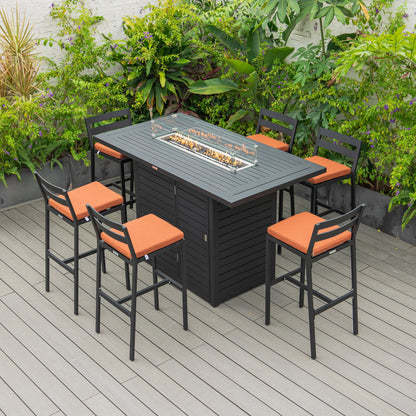 Chelsea 7-Piece Patio Bar Set: Aluminum Fire Pit Table with Tank Holder & 6 Barstools with Cushions - Elax Furniture