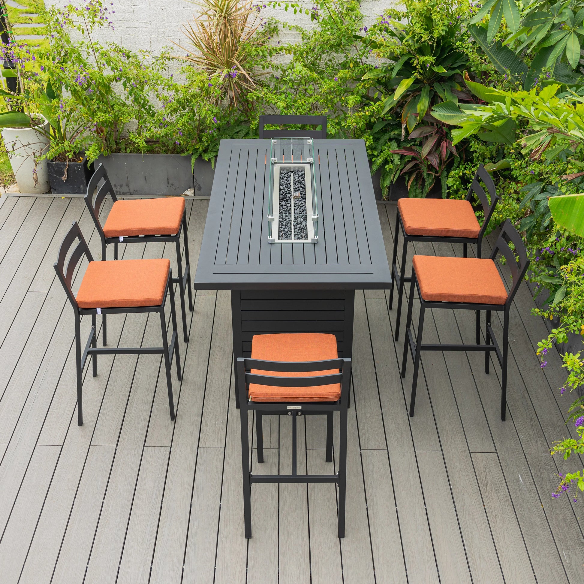 Chelsea 7-Piece Patio Bar Set: Aluminum Fire Pit Table with Tank Holder & 6 Barstools with Cushions - Elax Furniture