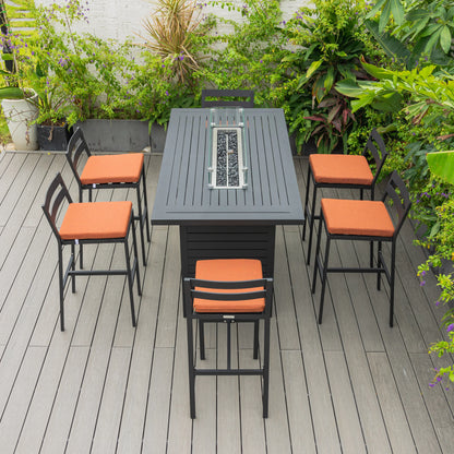 Chelsea 7-Piece Patio Bar Set: Aluminum Fire Pit Table with Tank Holder & 6 Barstools with Cushions - Elax Furniture