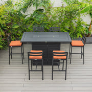 Chelsea 7-Piece Patio Bar Set: Aluminum Fire Pit Table with Tank Holder & 6 Barstools with Cushions - Elax Furniture
