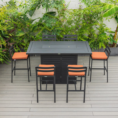 Chelsea 7-Piece Patio Bar Set: Aluminum Fire Pit Table with Tank Holder & 6 Barstools with Cushions - Elax Furniture