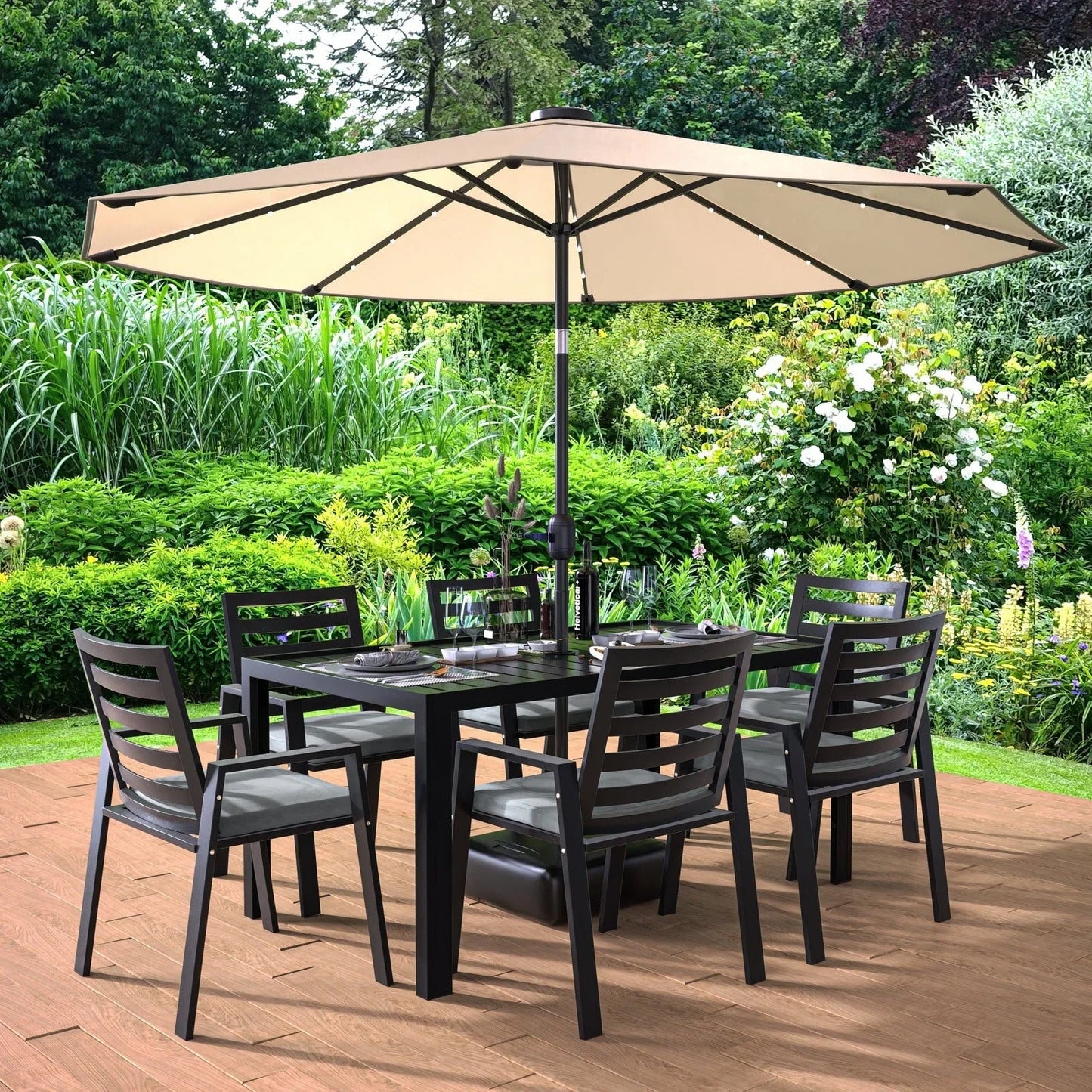Chelsea 7-Piece Modern Outdoor Dining Set in Black Aluminum with Removable Cushions - Elax Furniture