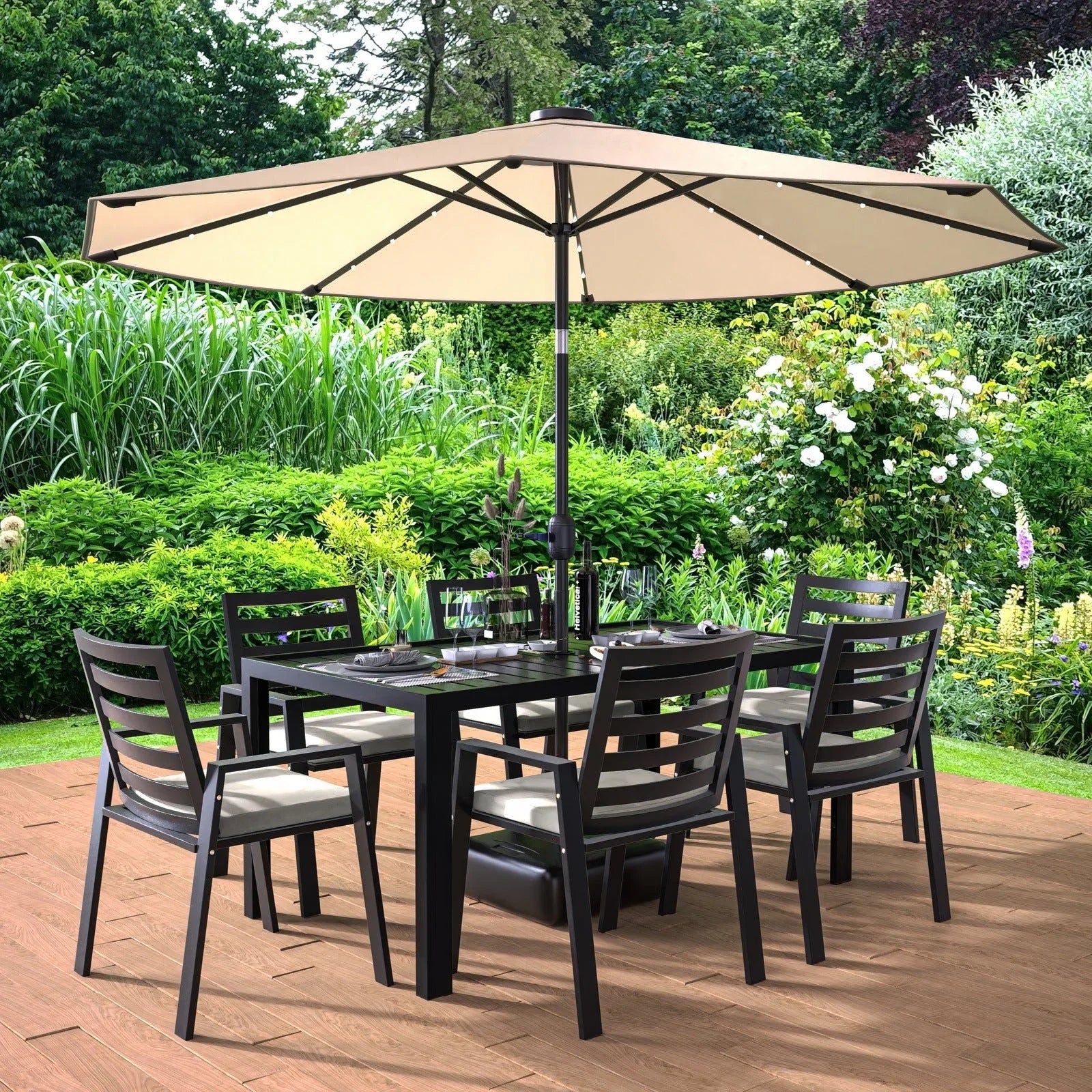 Chelsea 7-Piece Modern Outdoor Dining Set in Black Aluminum with Removable Cushions - Elax Furniture