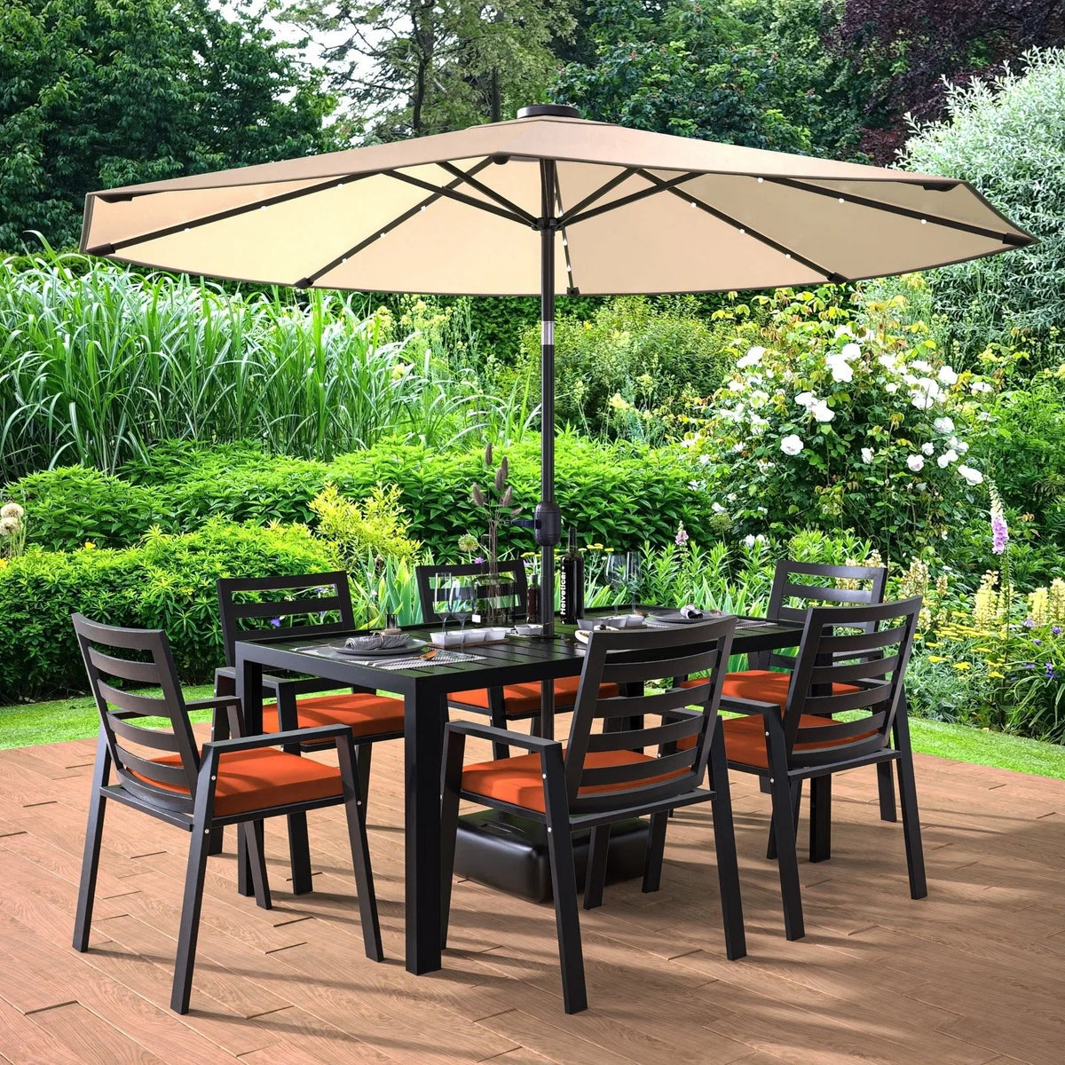 Chelsea 7-Piece Modern Outdoor Dining Set in Black Aluminum with Removable Cushions - Elax Furniture