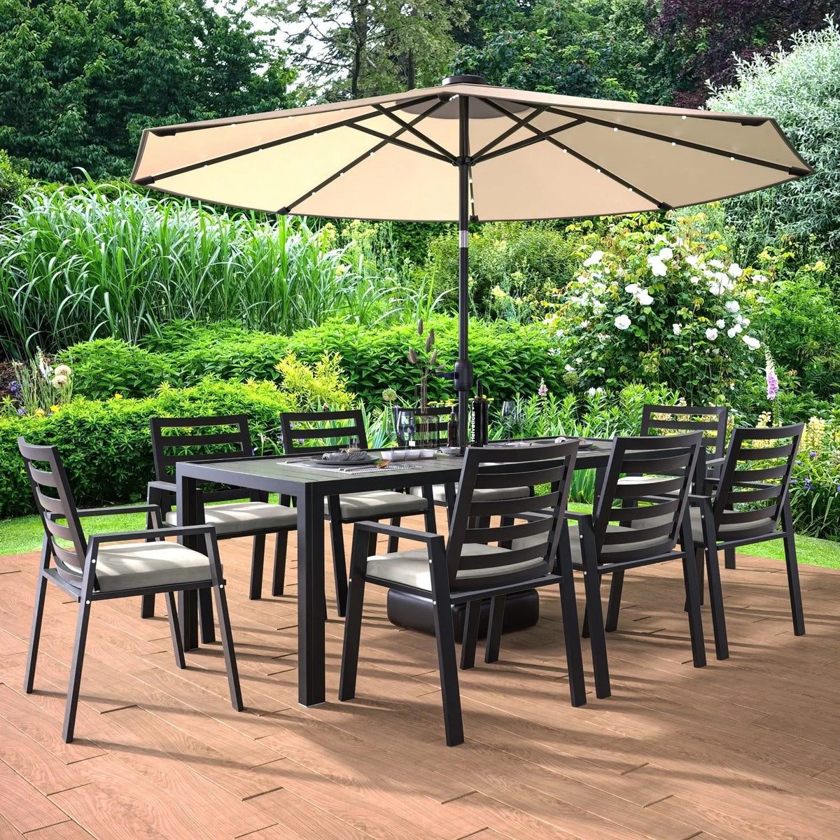 Chelsea 9-Piece Modern Outdoor Dining Set in Black Aluminum with Removable Cushions - Elax Furniture