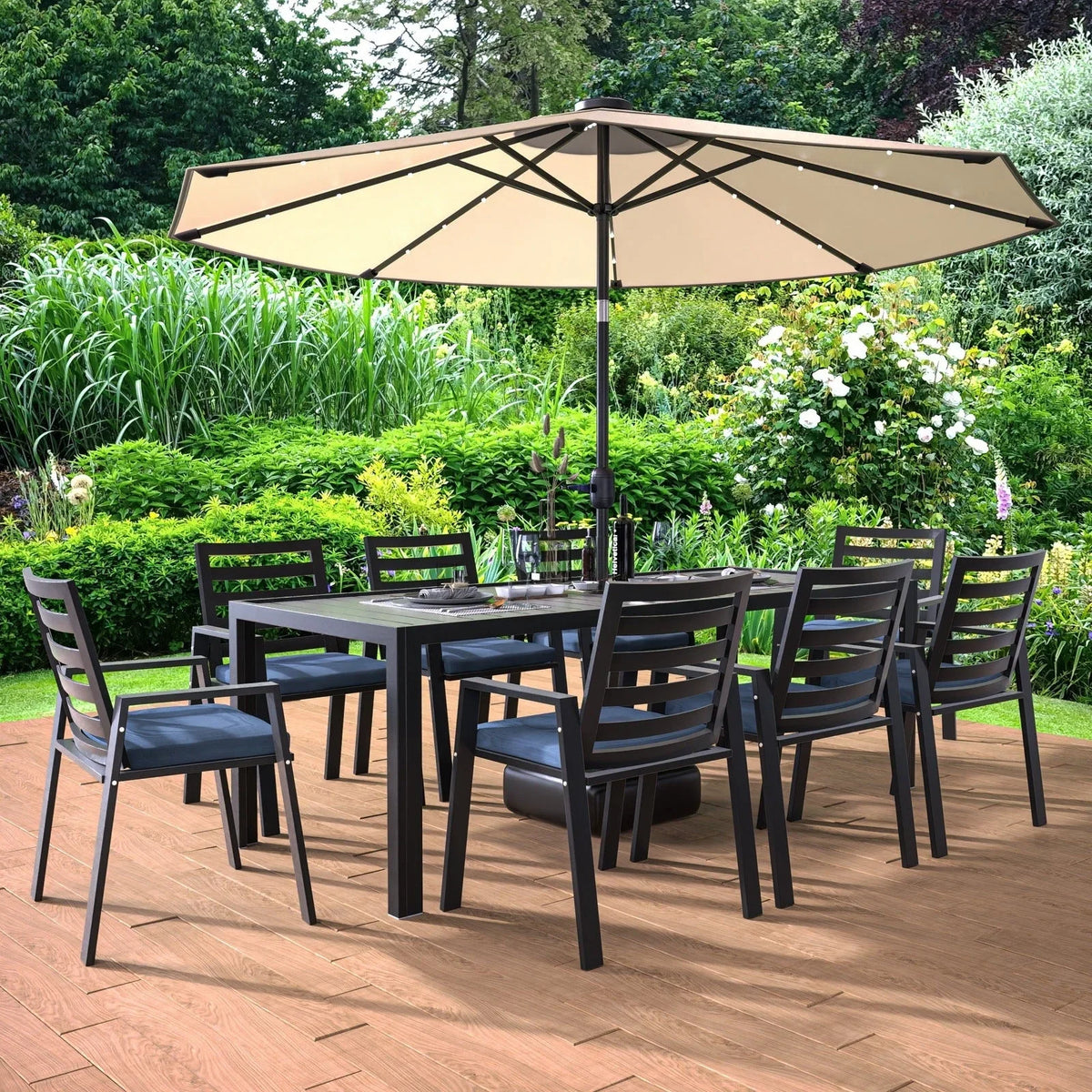 Chelsea 9-Piece Modern Outdoor Dining Set in Black Aluminum with Removable Cushions - Elax Furniture