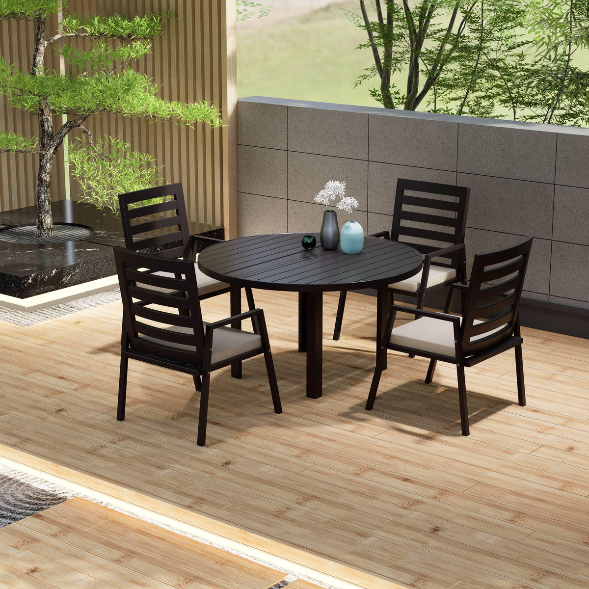 Chelsea 5-Piece Patio Dining Set with 48" Round Aluminum Dining Table and 4 Dining Armchair - Elax Furniture