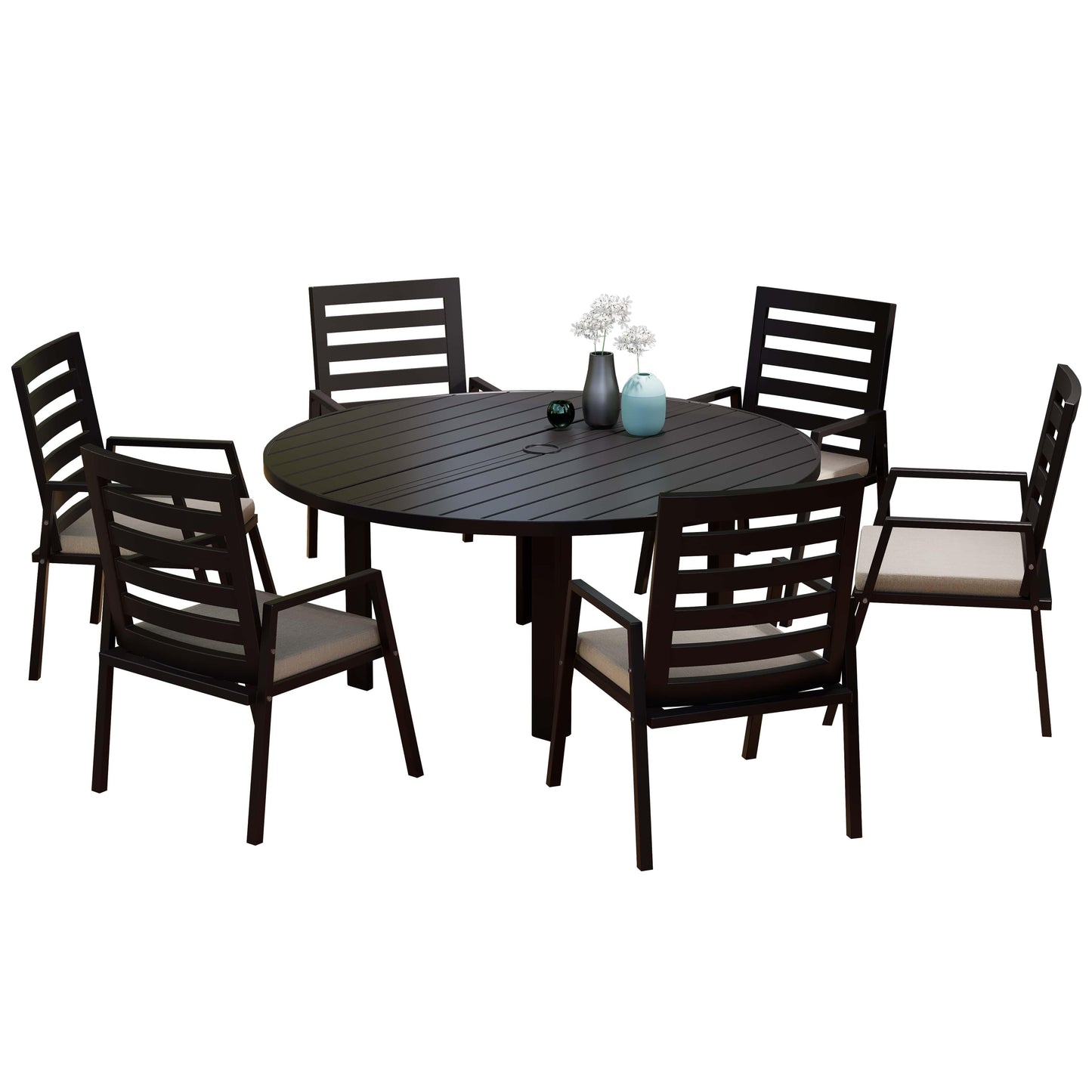 Chelsea 7-Piece Patio Dining Set with 60" Round Aluminum Dining Table and 6 Dining Armchair - Elax Furniture