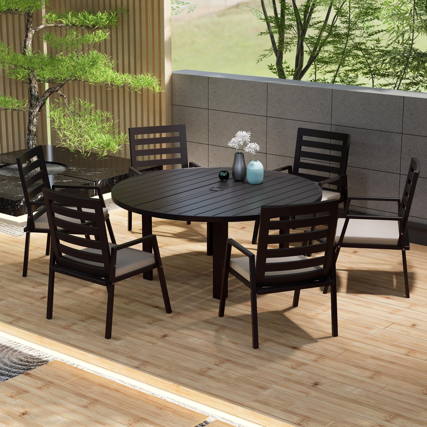 Chelsea 7-Piece Patio Dining Set with 60" Round Aluminum Dining Table and 6 Dining Armchair - Elax Furniture