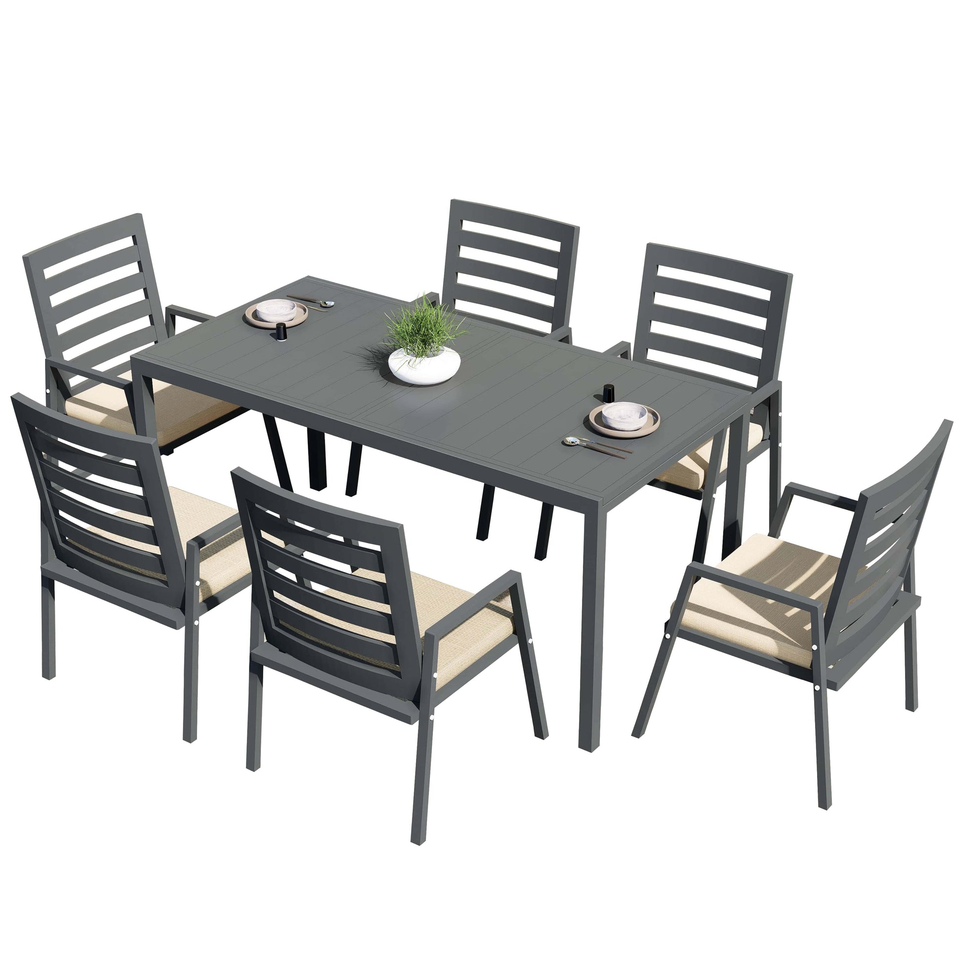 Chelsea 7-Piece Patio Dining Set 78-118" Wide Rectangular Extendable Aluminum Dining Table and 6 Dining Armchair - Elax Furniture
