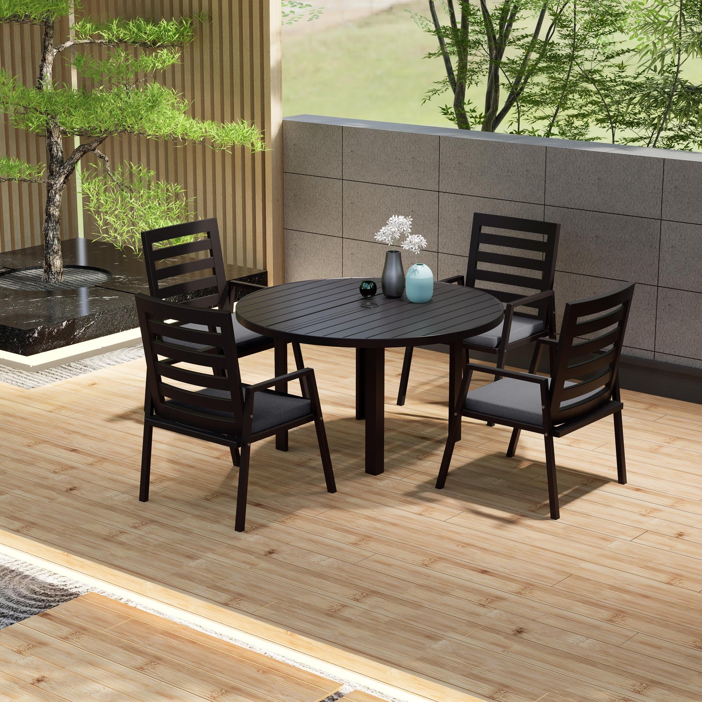 Chelsea 5-Piece Patio Dining Set with 48" Round Aluminum Dining Table and 4 Dining Armchair - Elax Furniture