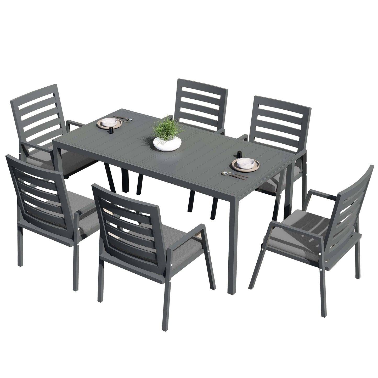 Chelsea 7-Piece Patio Dining Set 78-118" Wide Rectangular Extendable Aluminum Dining Table and 6 Dining Armchair - Elax Furniture