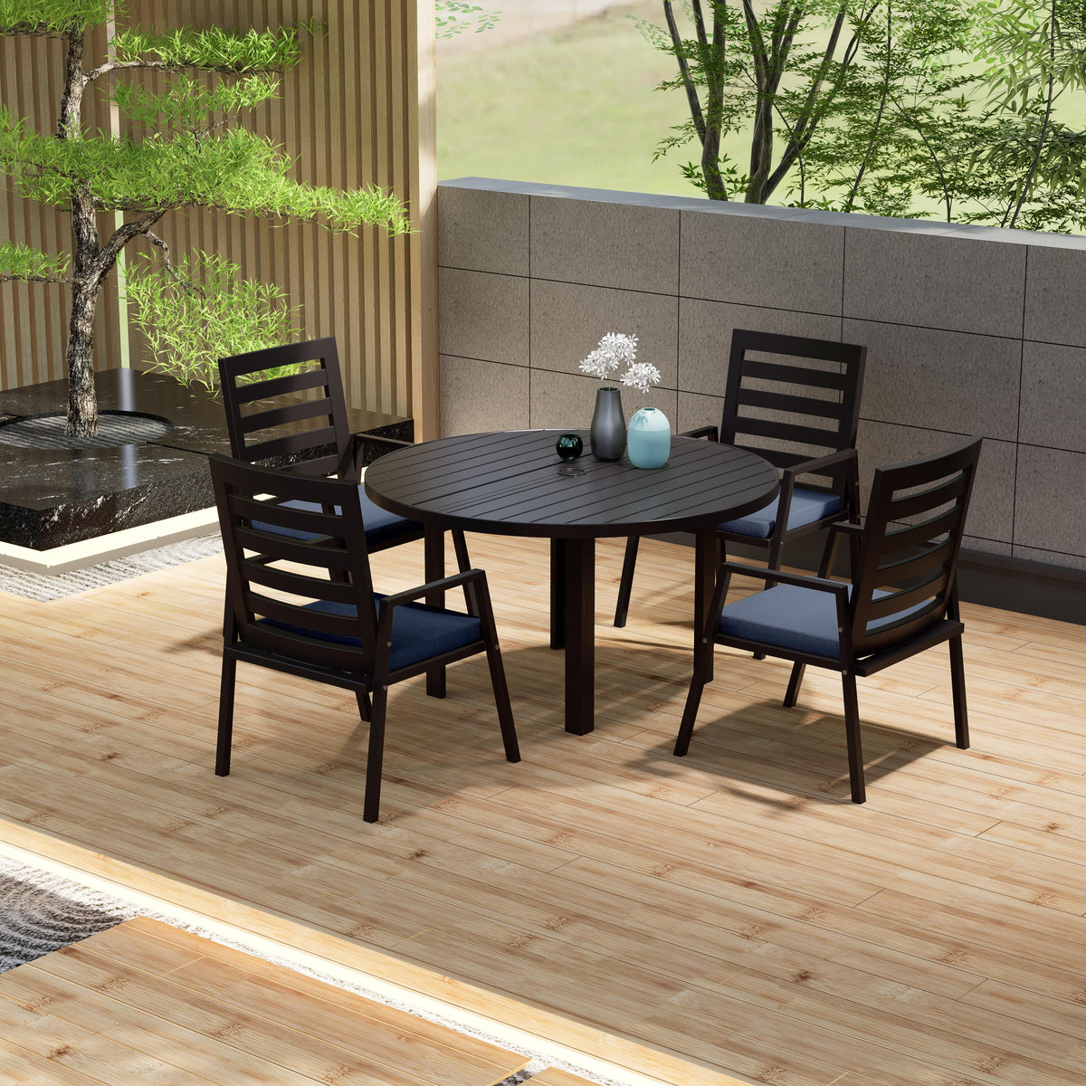 Chelsea 5-Piece Patio Dining Set with 48" Round Aluminum Dining Table and 4 Dining Armchair - Elax Furniture