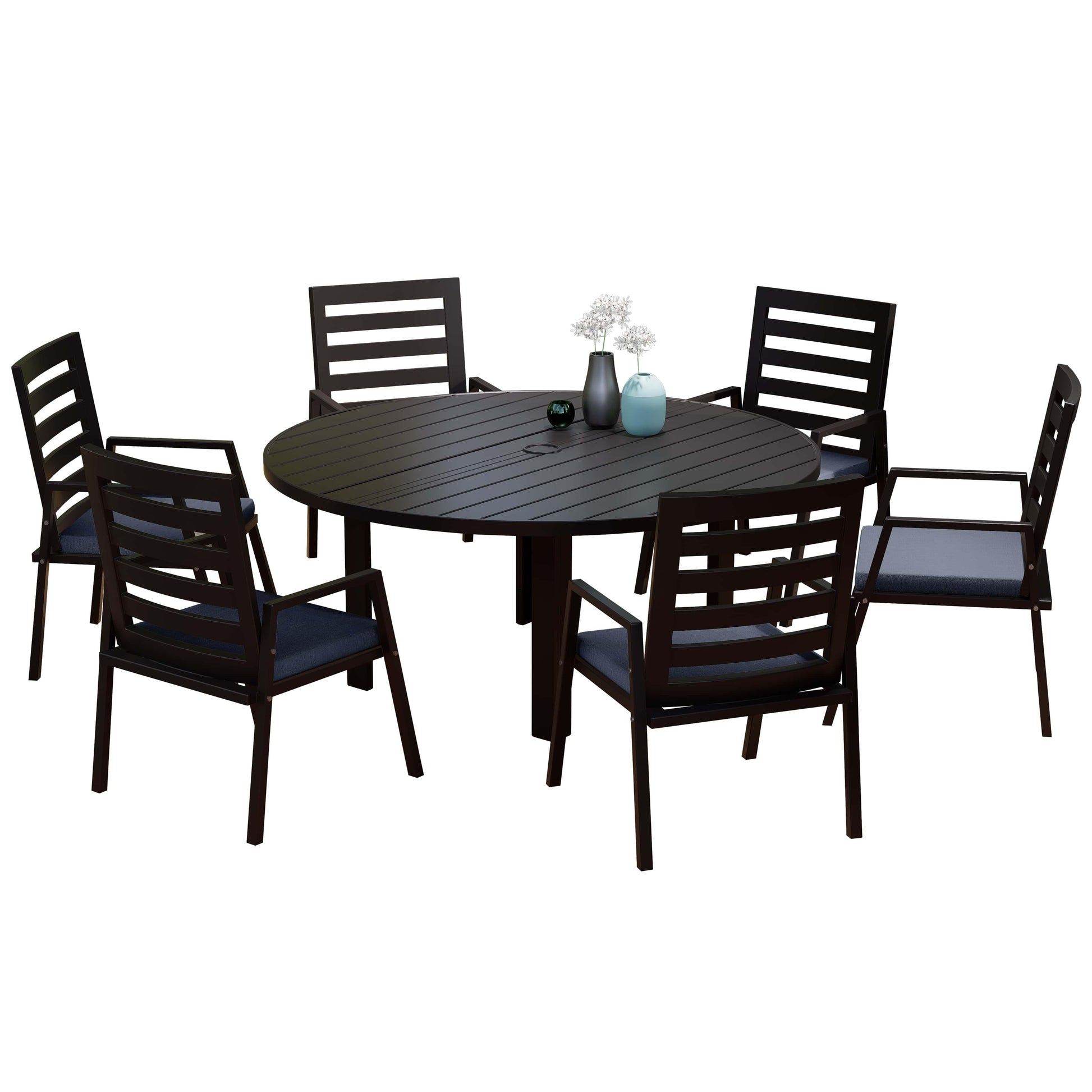 Chelsea 7-Piece Patio Dining Set with 60" Round Aluminum Dining Table and 6 Dining Armchair - Elax Furniture