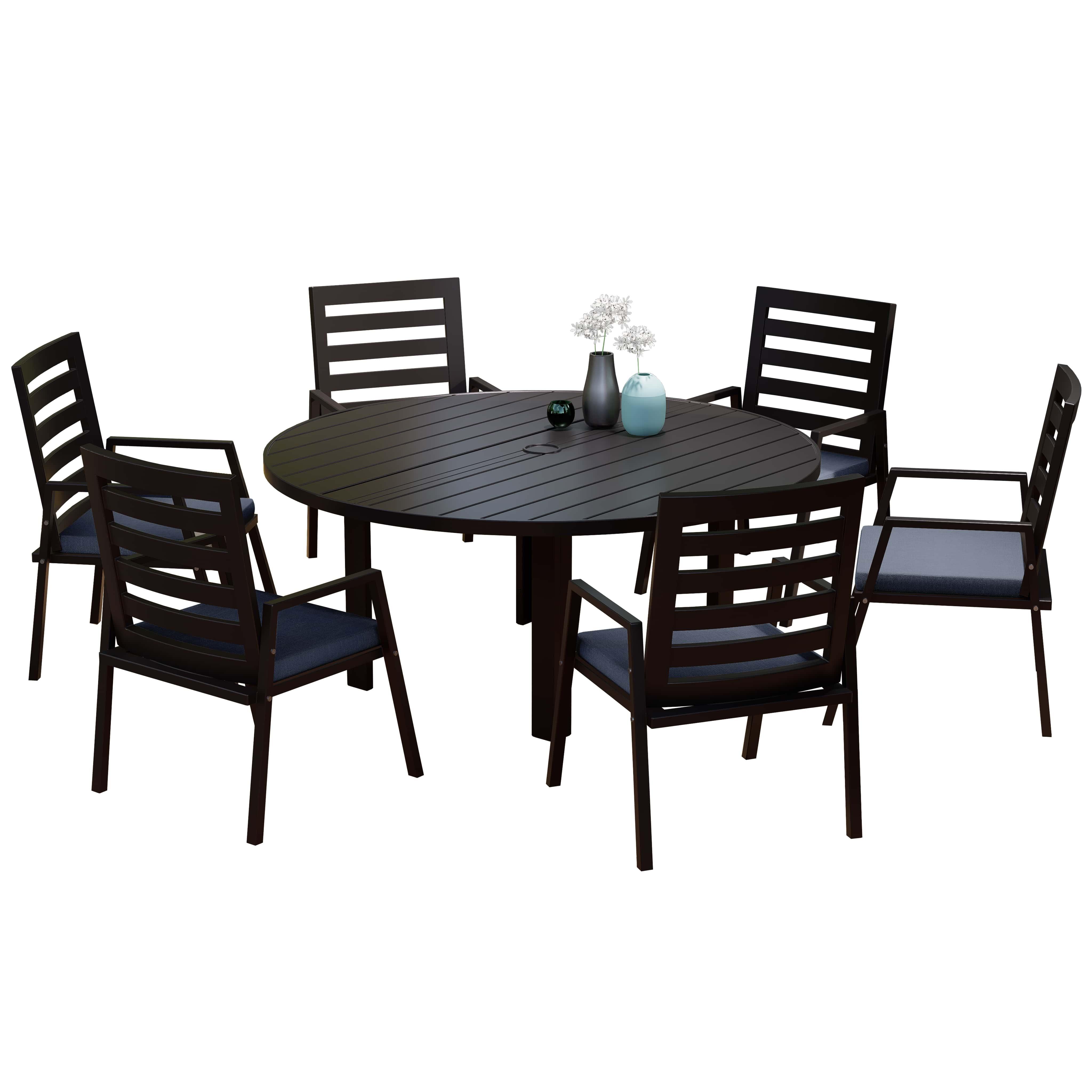 Chelsea 7-Piece Patio Dining Set with 60" Round Aluminum Dining Table and 6 Dining Armchair - Elax Furniture