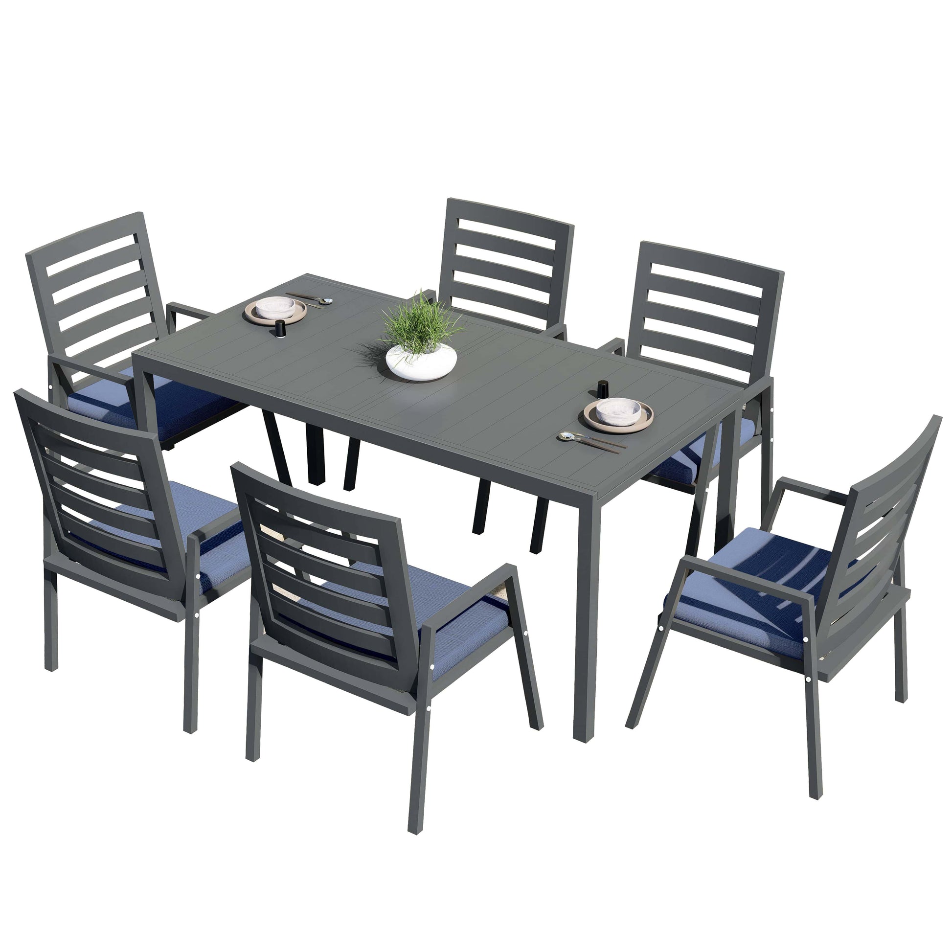 Chelsea 7-Piece Patio Dining Set 78-118" Wide Rectangular Extendable Aluminum Dining Table and 6 Dining Armchair - Elax Furniture