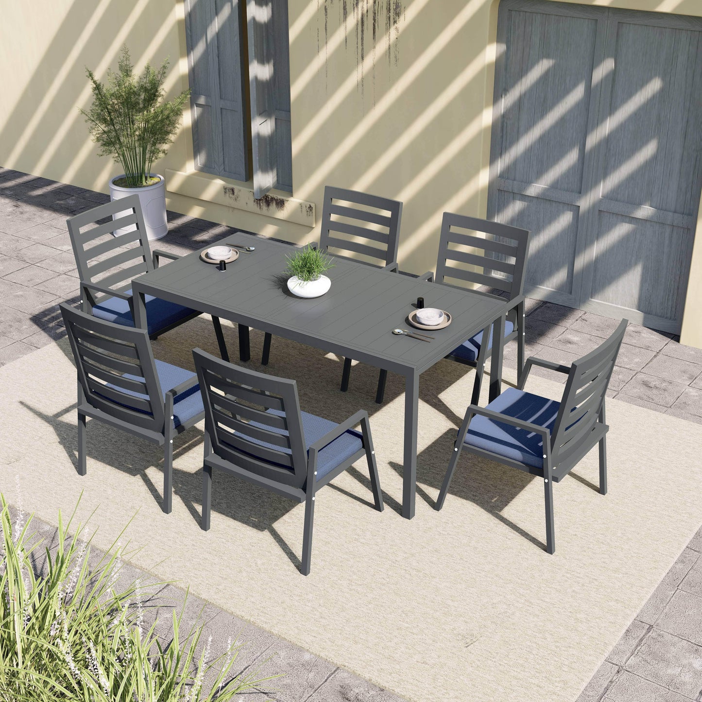 Chelsea 7-Piece Patio Dining Set 78-118" Wide Rectangular Extendable Aluminum Dining Table and 6 Dining Armchair - Elax Furniture