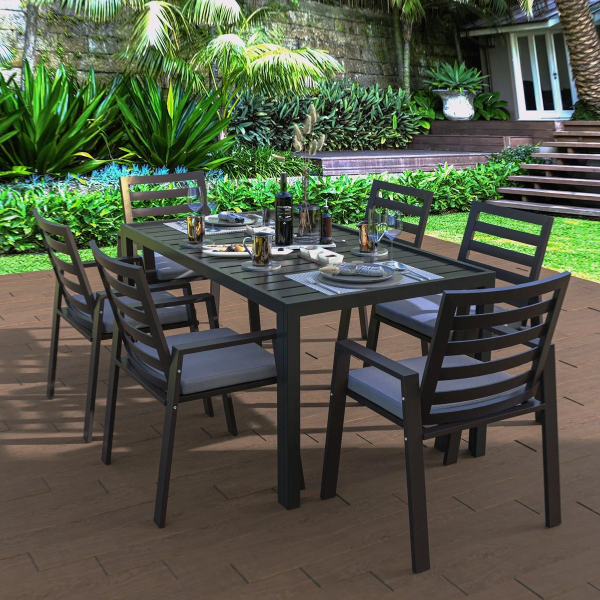 Chelsea 9-Piece Modern Outdoor Dining Set in Black Aluminum with Removable Cushions - Elax Furniture