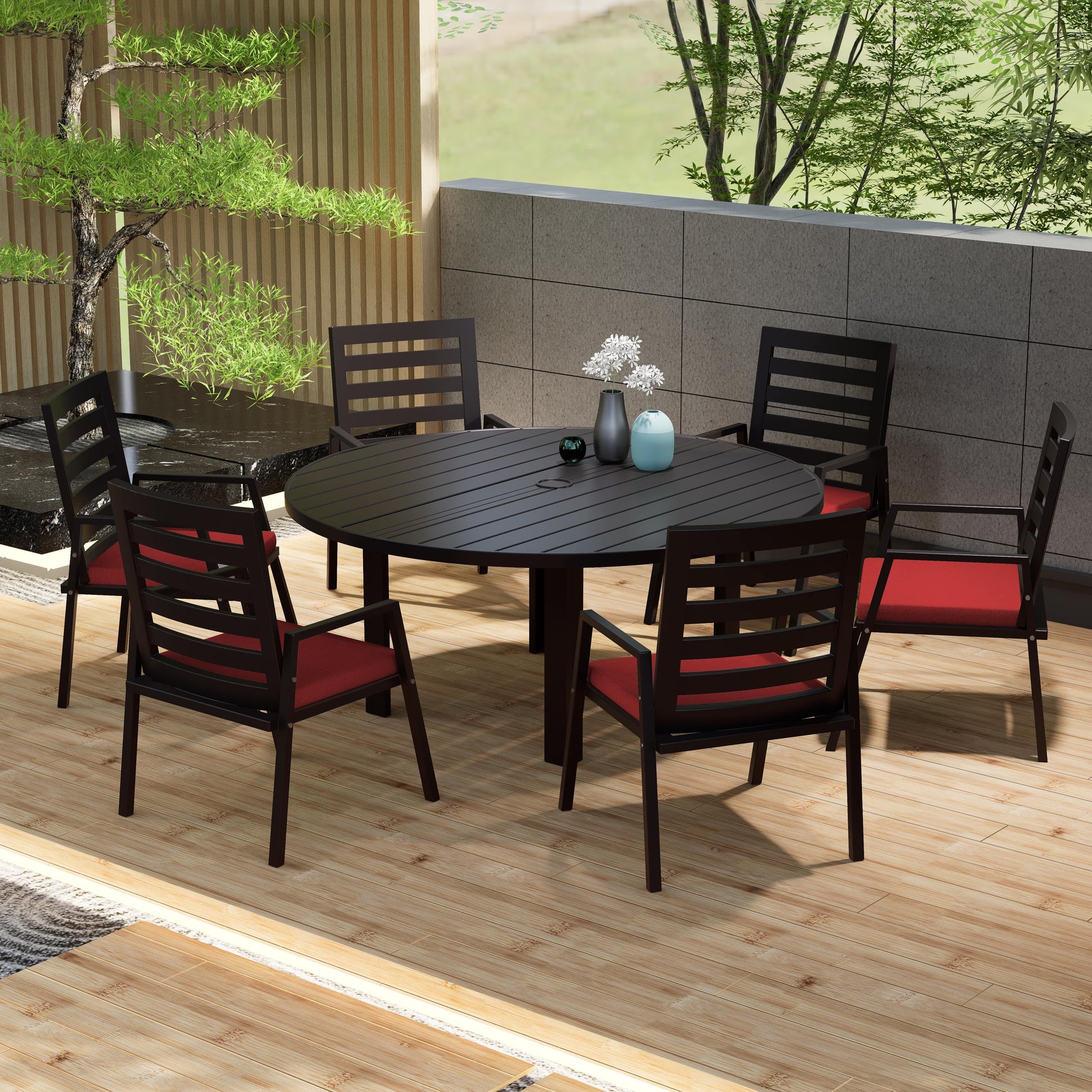 Chelsea 7-Piece Patio Dining Set with 60" Round Aluminum Dining Table and 6 Dining Armchair - Elax Furniture