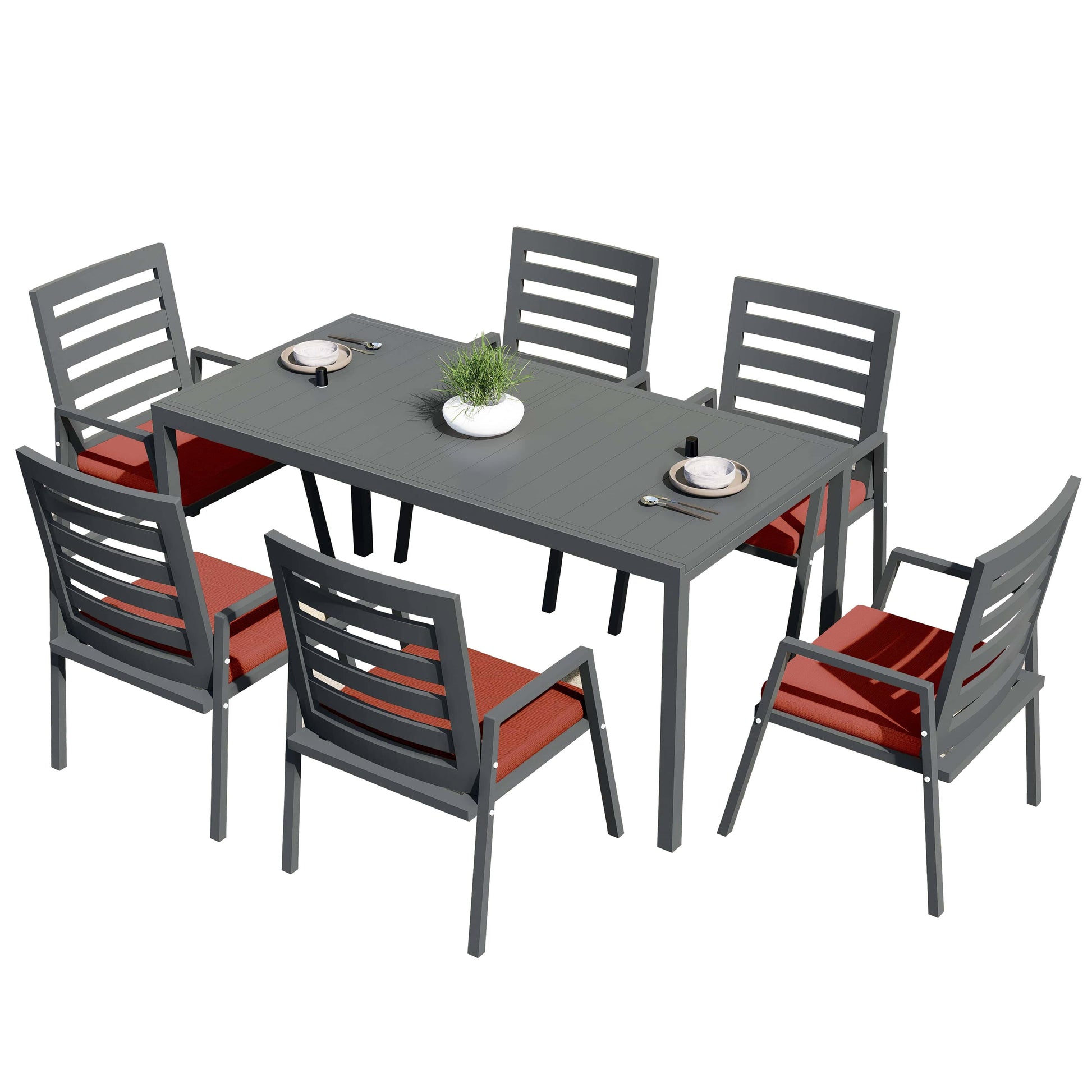 Chelsea 7-Piece Patio Dining Set 78-118" Wide Rectangular Extendable Aluminum Dining Table and 6 Dining Armchair - Elax Furniture