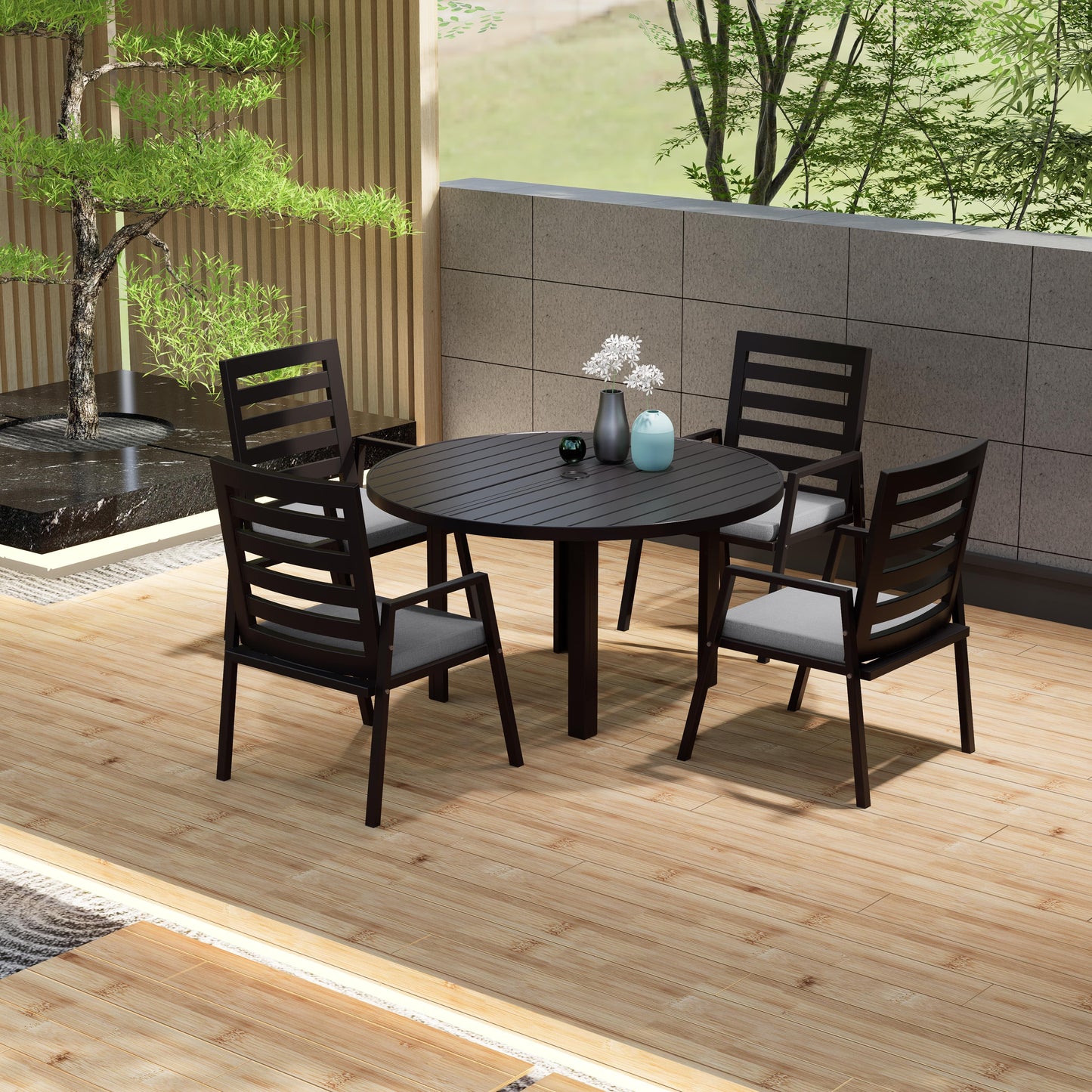 Chelsea 5-Piece Patio Dining Set with 48" Round Aluminum Dining Table and 4 Dining Armchair - Elax Furniture