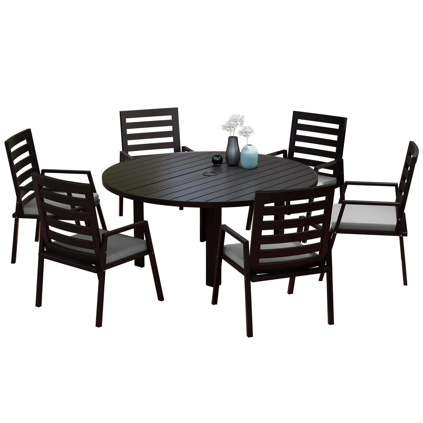Chelsea 7-Piece Patio Dining Set with 60" Round Aluminum Dining Table and 6 Dining Armchair - Elax Furniture