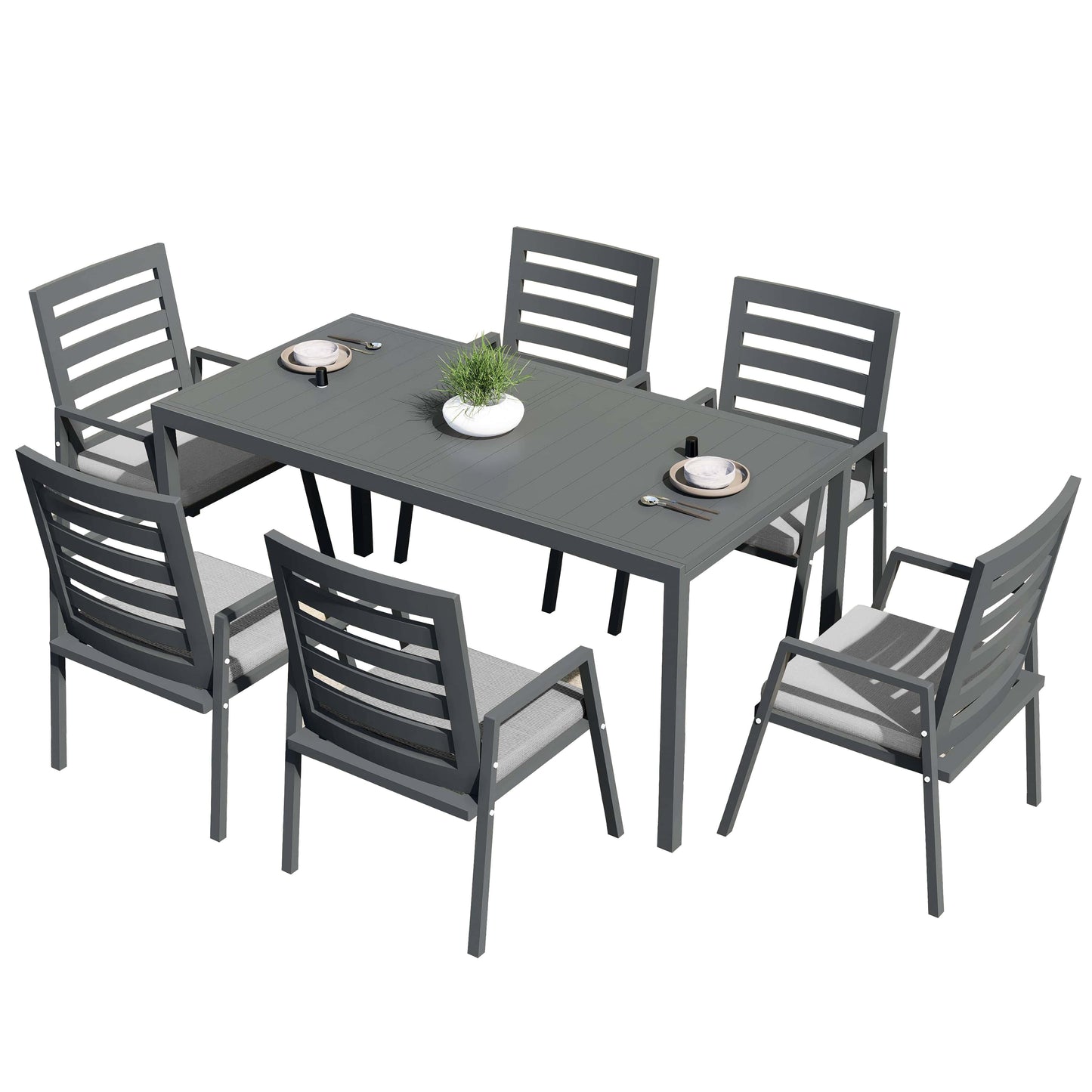 Chelsea 7-Piece Patio Dining Set 78-118" Wide Rectangular Extendable Aluminum Dining Table and 6 Dining Armchair - Elax Furniture