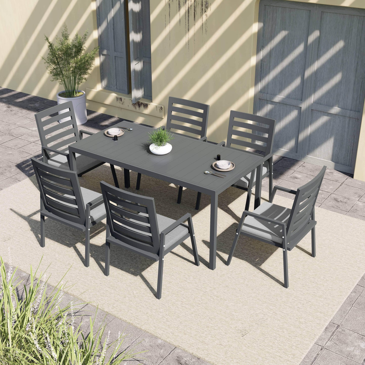 Chelsea 7-Piece Patio Dining Set 78-118" Wide Rectangular Extendable Aluminum Dining Table and 6 Dining Armchair - Elax Furniture