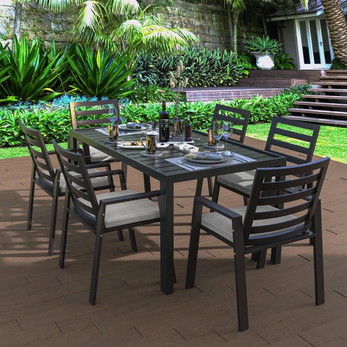 Chelsea 9-Piece Modern Outdoor Dining Set in Black Aluminum with Removable Cushions - Elax Furniture